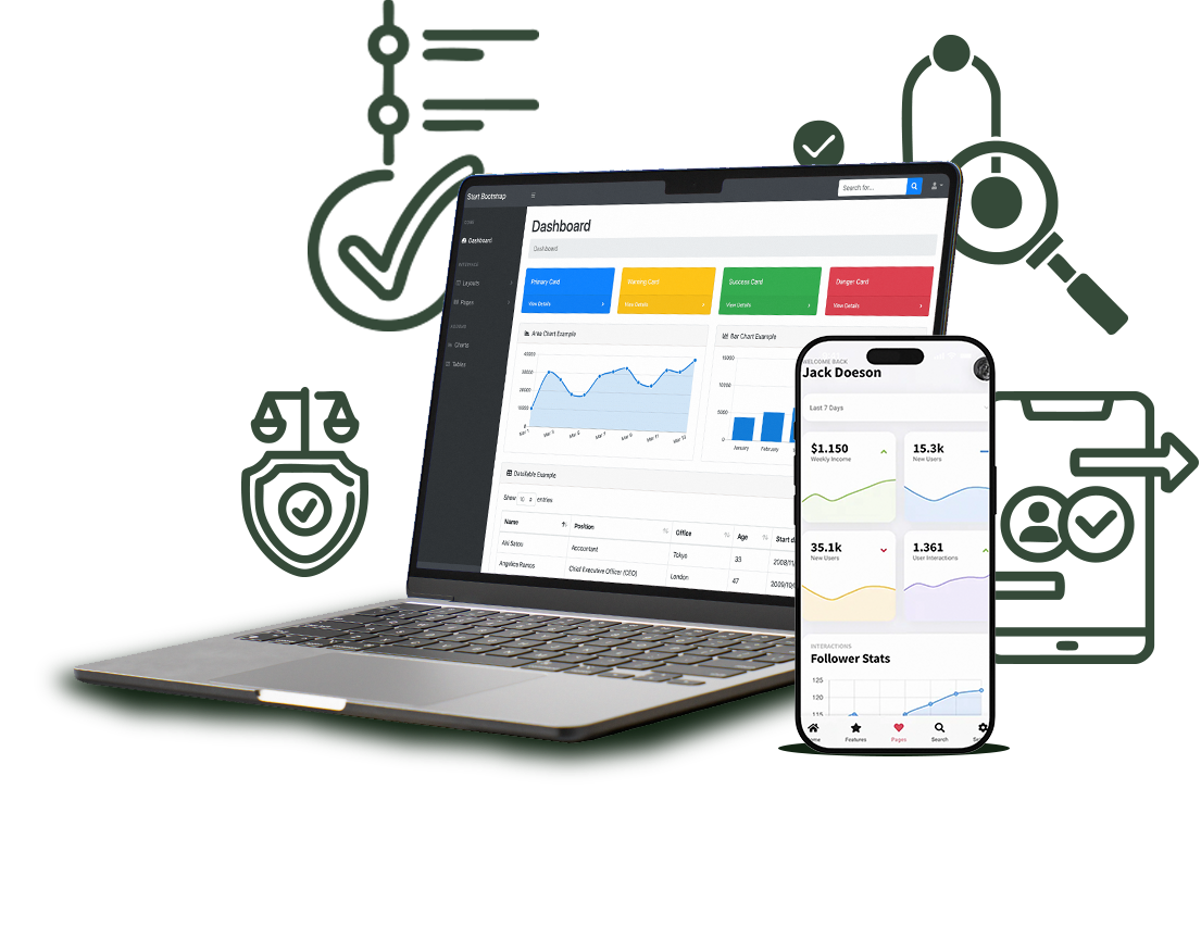 Notebook e celular com gráficos